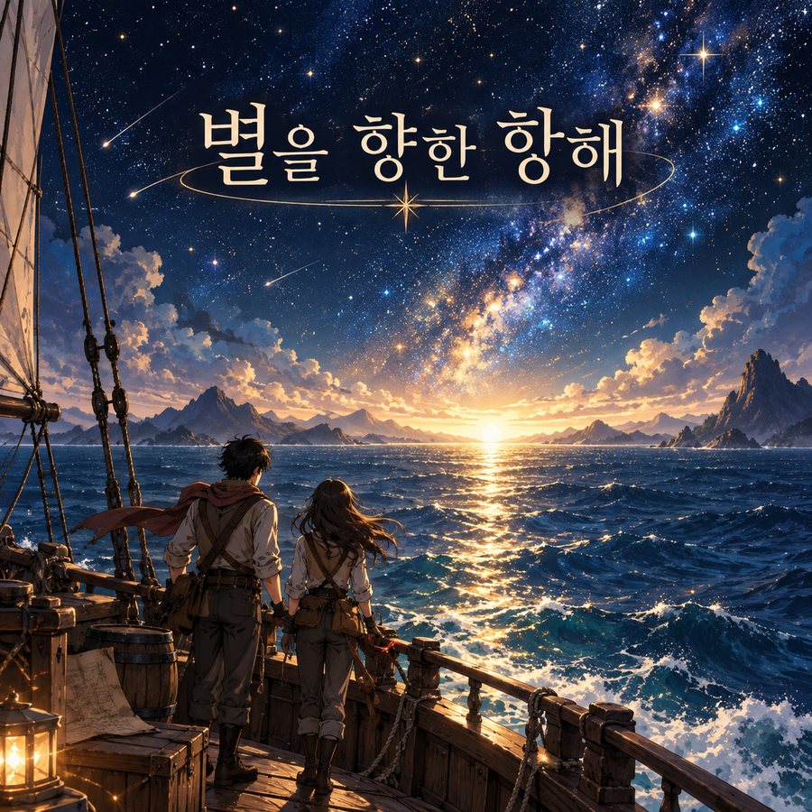 별을 향한 항해 표지. 은하수 아래 배 위에서 수평선을 바라보는 두 사람